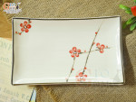 Đĩa chữ nhật men kem vẽ hoa đào đỏ 21,5cm x 13.5cm