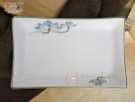Đĩa chữ nhật men trắng vẽ hoa Sen xanh, 21x13cm