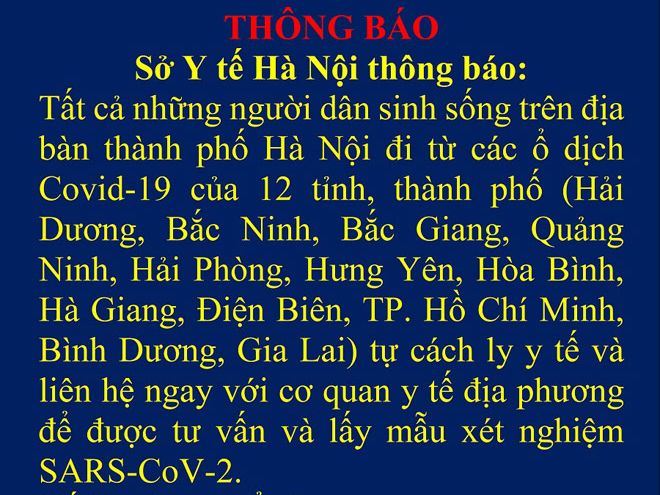 THÔNG BÁO: Người trở về Hà Nội từ 12 tỉnh/thành có ổ dịch phải xét nghiệm SARS-CoV-2