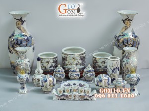 Bộ Đồ Thờ Men Lam Vẽ Vàng Gốm Sứ Bát Tràng Đẹp, Cao Cấp Phú Quý Tài lộc
