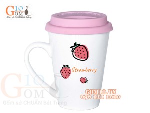  Cốc sứ dáng vát men trắng nắp silicon, in hình Dâu tây hồng , 400ml