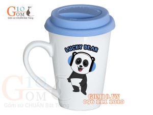  Cốc sứ dáng vát men trắng nắp silicon, in hình Gấu Panda , 400ml