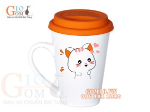  Cốc sứ dáng vát men trắng nắp silicon, in hình Mèo hoạt hình , 400ml