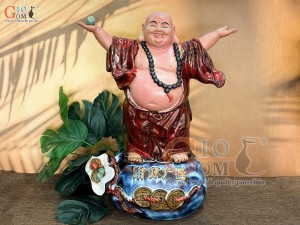  Tượng Di Lạc hoan hỷ men hỏa biến đỏ, cao 48cm