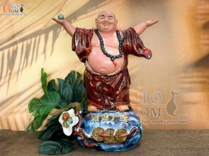  Tượng Di Lạc hoan hỷ men hỏa biến đỏ, cao 48cm
