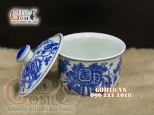 Bát nắp men lam cổ hoa cài thọ, đường kính 12cm