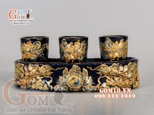 Kỷ cong 3 chén Xanh coban đắp nổi Rồng- vẽ vàng 24k