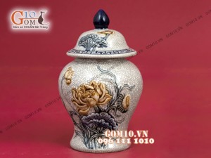 Chóe thờ men rạn đắp nổi sen cao cấp, cao 21cm