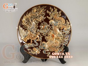 Mâm bồng Nâu đắp nổi Long Phụng Chầu Nguyệt - vẽ vàng 24k, đường kính 30cm