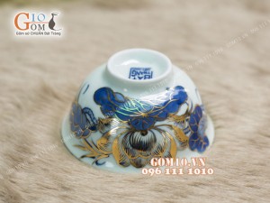 Bát thờ men rong cổ họa tiết sen, đường kính 11cm - vẽ Vàng 24k