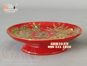 Mâm bồng Đỏ đắp nổi Long Phụng Chầu Nguyệt - vẽ vàng 24k, đường kính 16cm