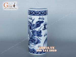 Ống hương men trắng vẽ rồng giả nổi 20cm