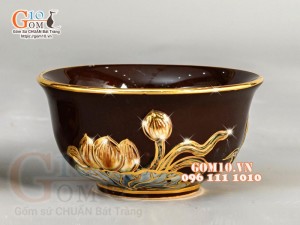 Bát thờ Nâu đắp nổi Sen - vẽ vàng 24k