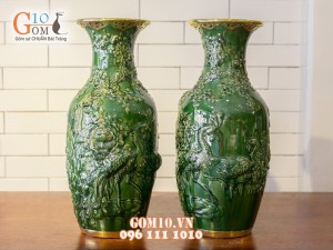 Lọ hoa công đào men ngọc đắp nổi bọc đồng 42cm