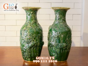 Lọ hoa công đào men ngọc đắp nổi bọc đồng 42cm