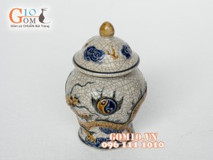 Chóe thờ men rạn đắp nổi Rồng Như Ý, cao 14cm