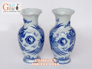 Đôi lọ hoa miệng lượn men dong cổ Rồng nổi, cao 30cm