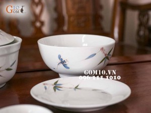 Bát tô men trắng vẽ chuồn chuồn tre 18cm