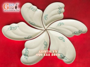 Bộ đĩa cánh hoa men kem vẽ sen xanh 33cm