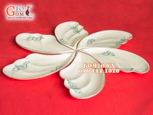 Bộ đĩa cánh hoa men kem vẽ sen xanh 29cm