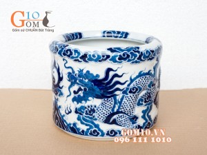 Bát hương vẽ rồng nổi men lam cổ phi 18cm