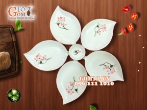 Bộ 5 đĩa lá xoài men kem vẽ hoa Sen đỏ