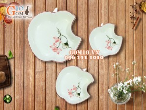Bộ 3 đĩa táo vẽ hoa Sen đỏ