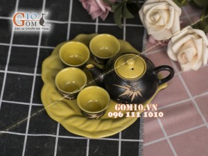 Bộ ấm chén thờ men gốm lòng vàng - khắc trúc