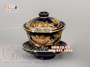 Bát trà sâm Xanh coban đắp nổi Sen - vẽ vàng 24k