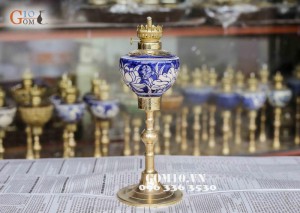 Đèn chân đồng vẽ băng sen Cao 25cm ( Chưa bóng )