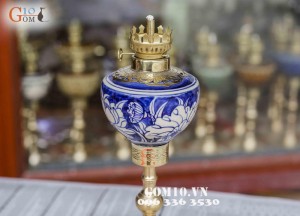 Đèn chân đồng vẽ băng sen Cao 25cm ( Chưa bóng )