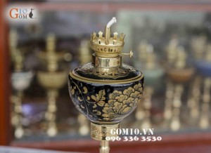 Đèn chân đồng vẽ phù dung men vàng Cao 25cm ( Chưa bóng )