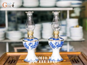 Đôi đèn thấp vuông bọc đồng men lam, vẽ sen 28cm