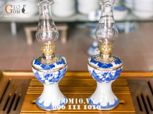 Đôi đèn thấp vuông bọc đồng men lam, vẽ sen 28cm