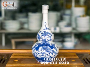 Nậm rượu 2 bầu men lam vẽ Sen Tài Lộc, 0,5 Lít