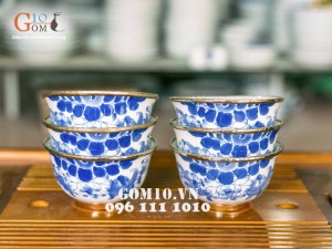 Bát cơm men lam vẽ sen, bọc đồng