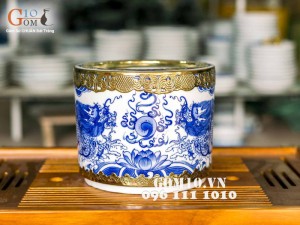 Bát hương men lam vẽ rồng, bọc đồng - đường kính 20cm