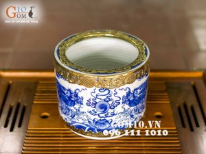 Bát hương men lam vẽ rồng, bọc đồng - đường kính 20cm