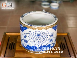 Bát hương men lam vẽ sen, bọc đồng - đường kính 18cm