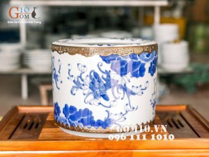 Bát hương men lam vẽ sen, bọc đồng - đường kính 18cm