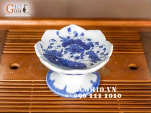 Chân nến men lam vẽ sen phi 13cm