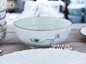 Bát tô nông men kem họa tiết Sen hồng, đường kính 16cm