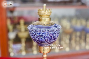 Đèn Chân Đồng Khắc Phù Dung Nổi Cao 25cm