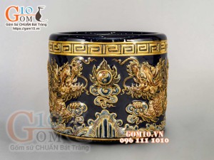 Bát hương Xanh coban đắp nổi Song Long Chầu Nguyệt - vẽ vàng 24k, đường kính 14cm