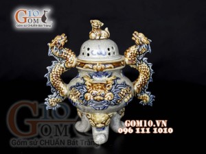 Đỉnh mini men rạn đắp nổi rồng, cao 22cm