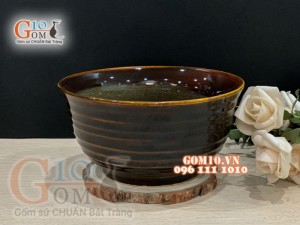 Bát tô sâu miệng loe men hỏa biến gấm quẹt màu mật ong, đường kính 19cm