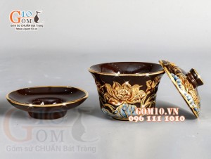 Bát trà sâm Nâu đắp nổi Sen - vẽ vàng 24k