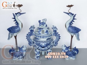 Bộ đỉnh hạc men lam cao cấp đỉnh 55cm