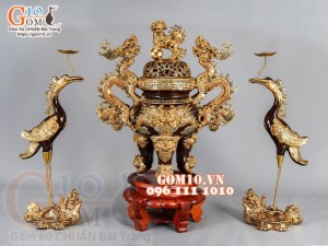 Bộ đỉnh hạc men nâu đắp nổi vẽ vàng 24k, cao 60cm