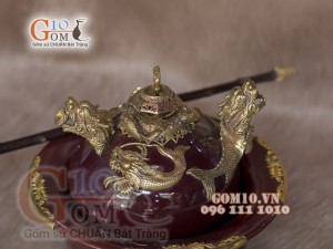 Điều bát rồng men màu bọc đồng - Đỏ mận